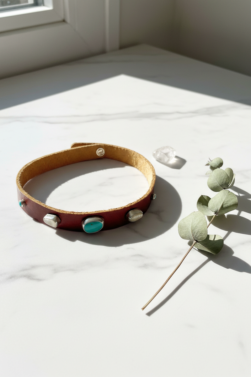 Lyra Leather Choker Necklace: Turquoise + Opal + Sterling Silver + Genuine Leather