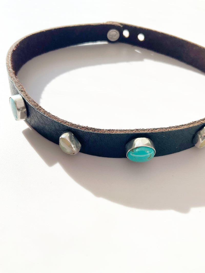 Novae Leather Choker Necklace: Turquoise + Opal + Sterling Silver + Genuine Leather