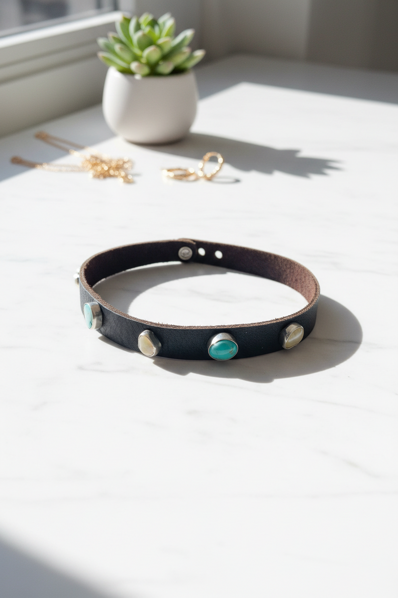 Novae Leather Choker Necklace: Turquoise + Opal + Sterling Silver + Genuine Leather