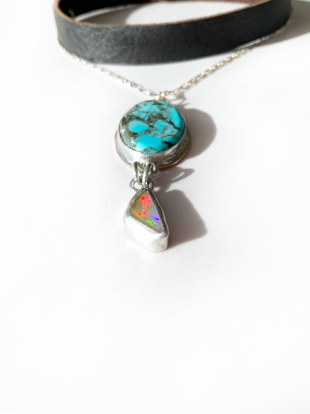 Zephyra Drape Leather Choker Necklace: Turquoise + Opal + Sterling Silver + Genuine Leather