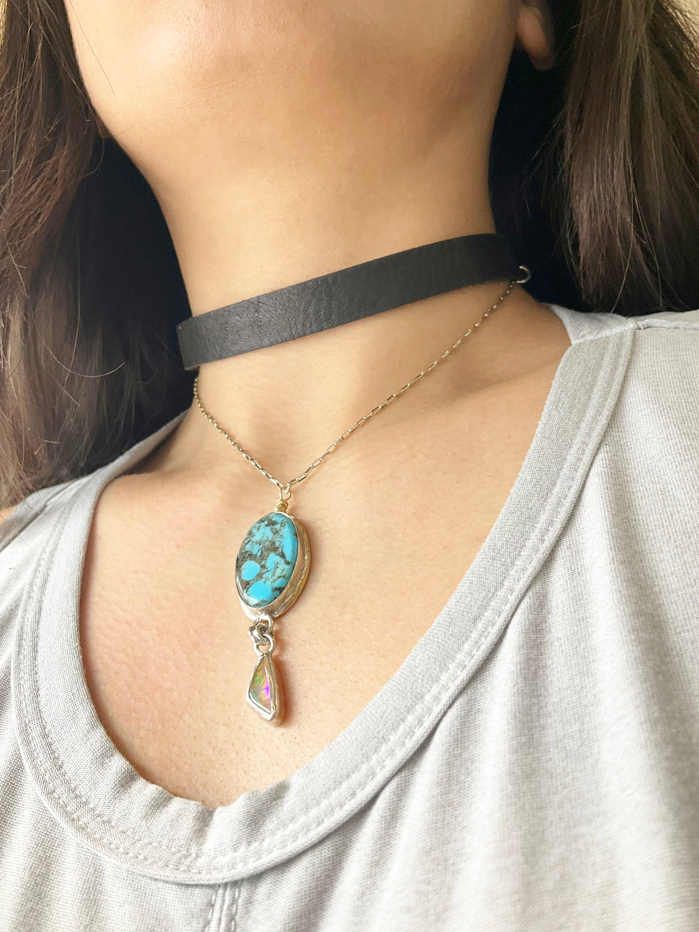 Zephyra Drape Leather Choker Necklace: Turquoise + Opal + Sterling Silver + Genuine Leather
