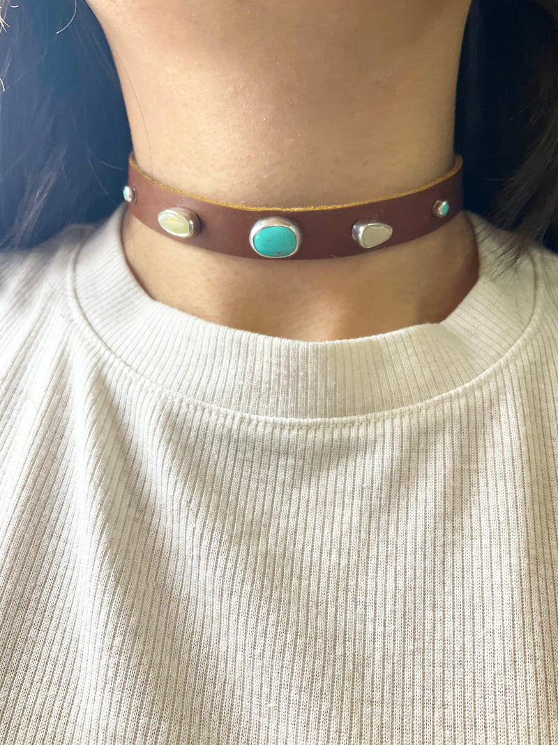 Lyra Leather Choker Necklace: Turquoise + Opal + Sterling Silver + Genuine Leather