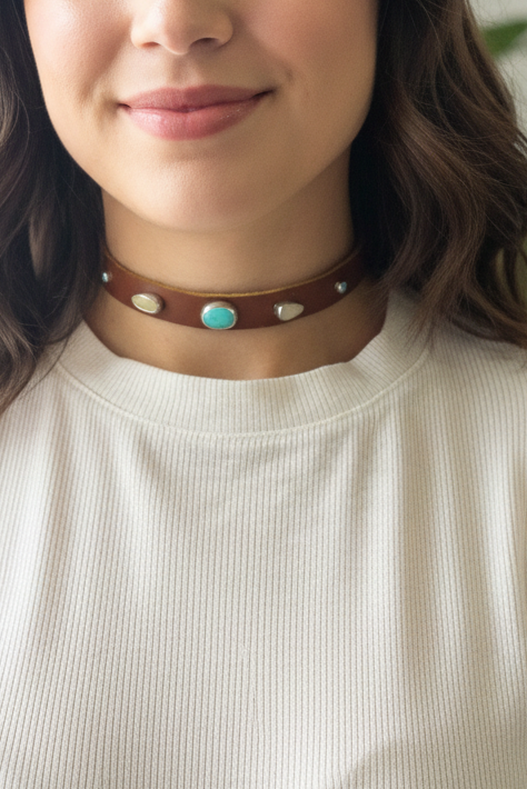Lyra Leather Choker Necklace: Turquoise + Opal + Sterling Silver + Genuine Leather