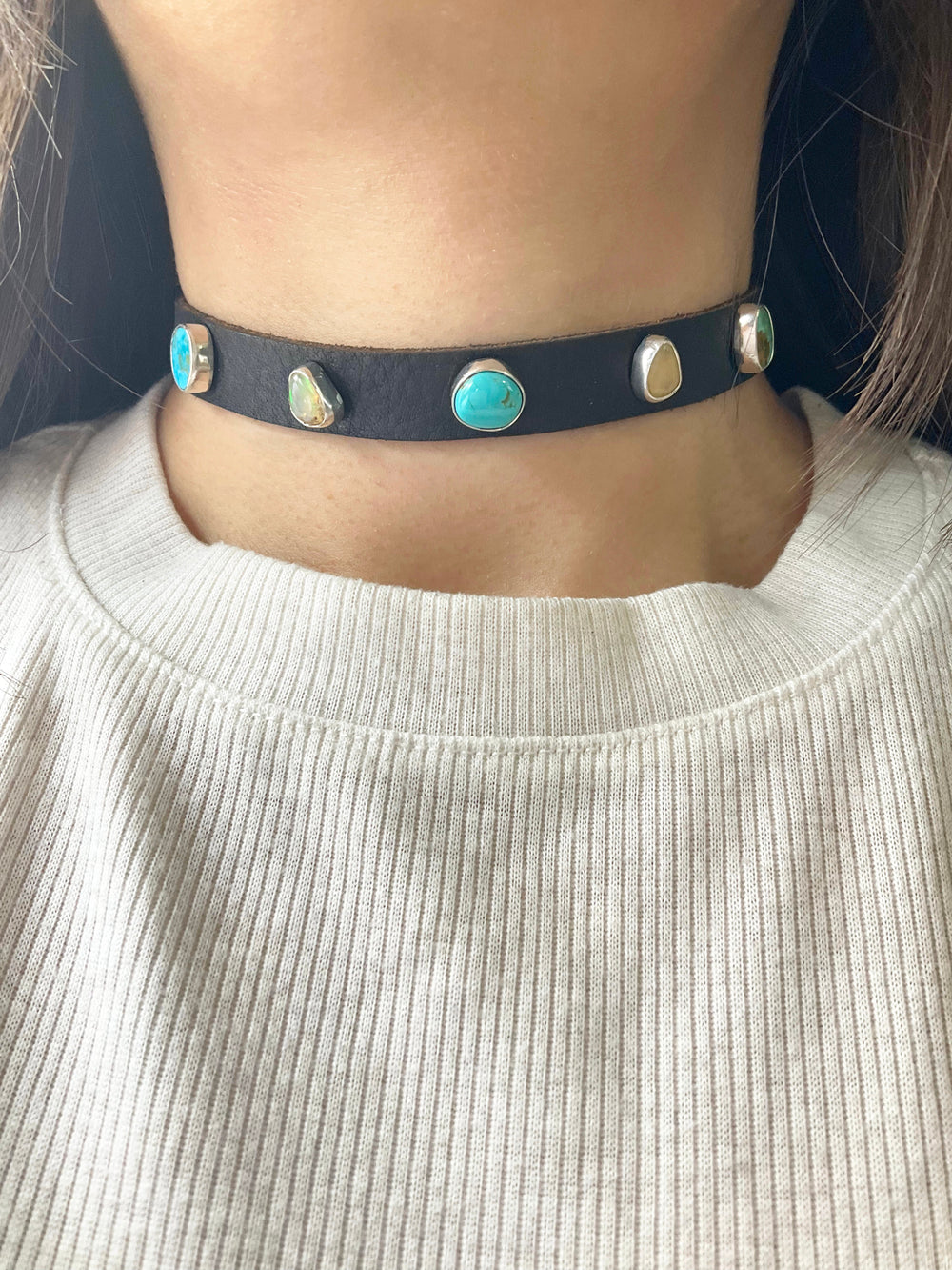 Novae Leather Choker Necklace: Turquoise + Opal + Sterling Silver + Genuine Leather