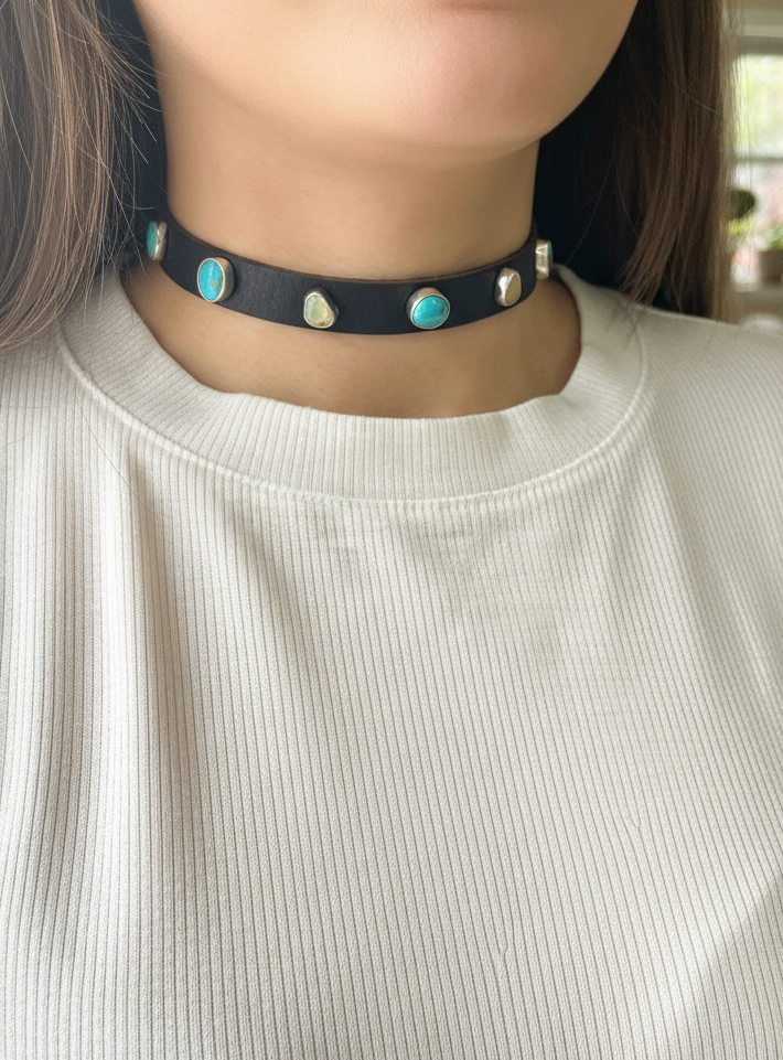Novae Leather Choker Necklace: Turquoise + Opal + Sterling Silver + Genuine Leather