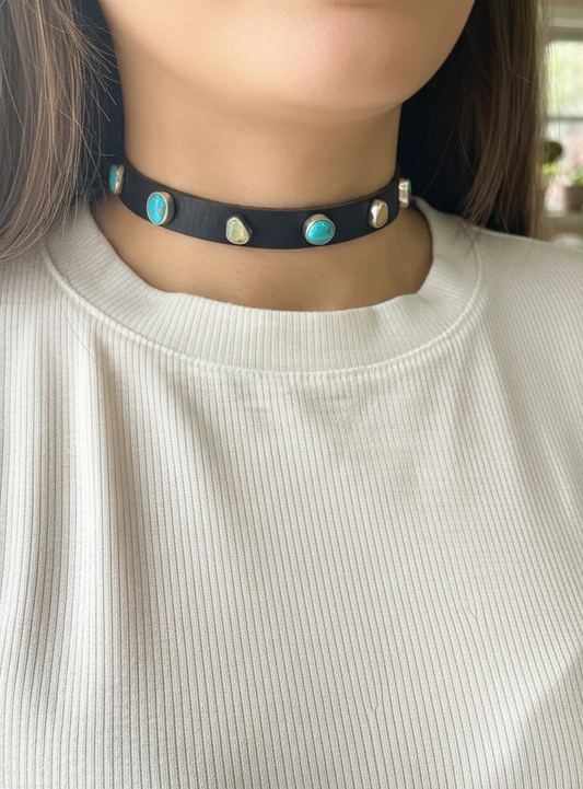 Novae Leather Choker Necklace: Turquoise + Opal + Sterling Silver + Genuine Leather