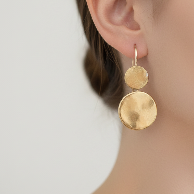 Double Circle Drop Earrings ◇ Gold Brass + 14K Gold-Filled