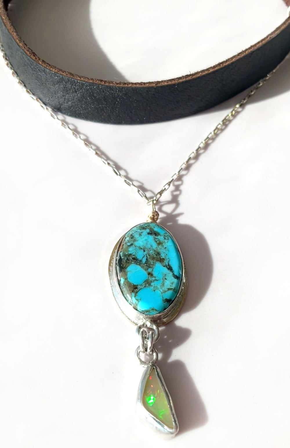Zephyra Drape Leather Choker Necklace: Turquoise + Opal + Sterling Silver + Genuine Leather