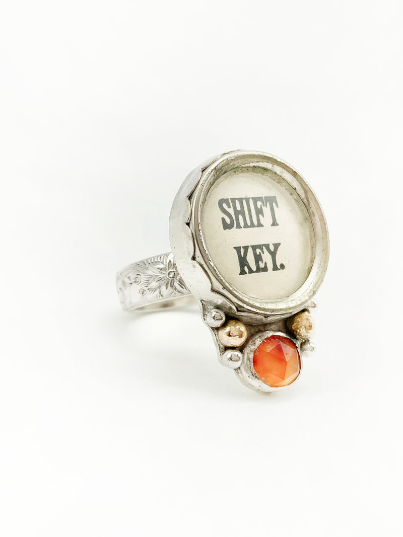 SHIFT Ring: Antique Typewriter Key + Carnelian + Sterling Silver + Brass • Size 6.5