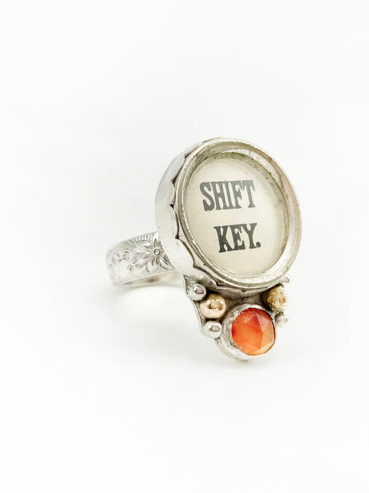 SHIFT Ring: Antique Typewriter Key + Carnelian + Sterling Silver + Brass • Size 6.5