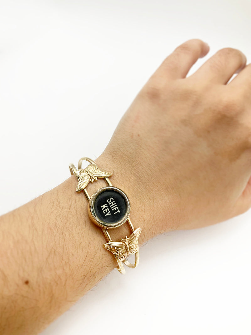 Shifting Monarch Cuff Bracelet: Antique Typewriter Key + Brass