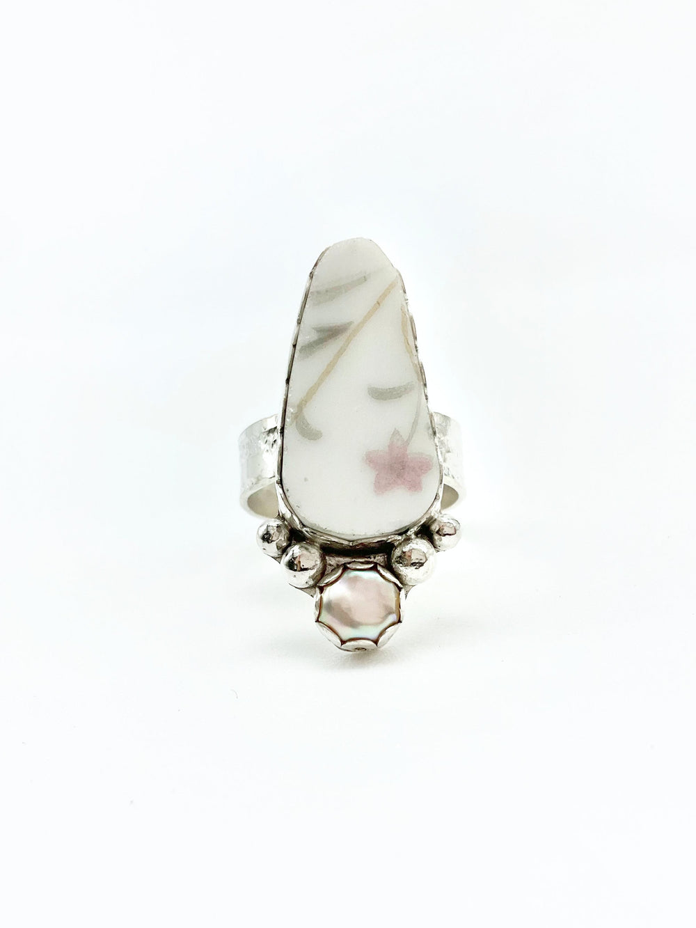Pearlescent Ring: Vintage Plate + Freshwater Pearl + Sterling Silver • Size 6.75