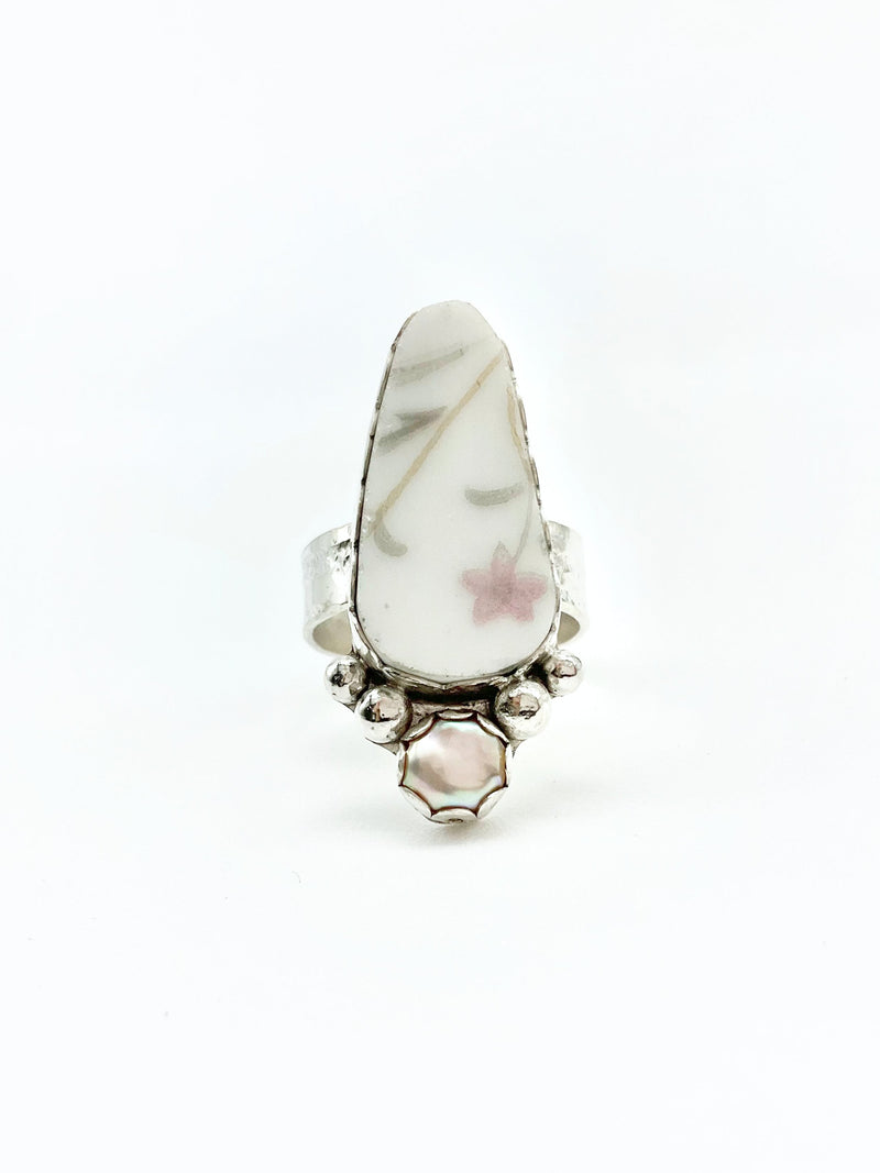 Pearlescent Ring: Vintage Plate + Freshwater Pearl + Sterling Silver • Size 6.75