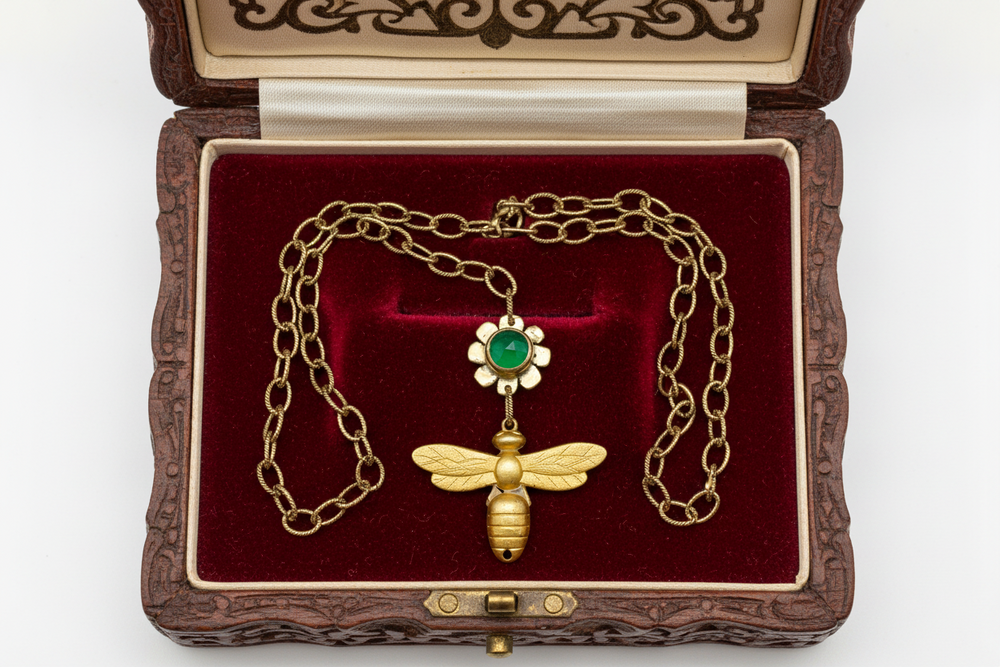Buzz Necklace: Vintage Bee Charm + Green Onyx + Brass • 14"