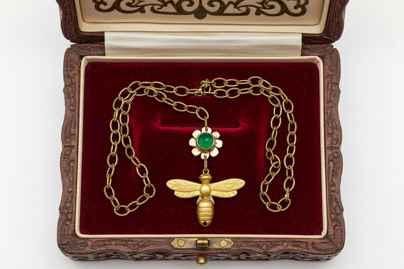 Buzz Necklace: Vintage Bee Charm + Green Onyx + Brass • 14"
