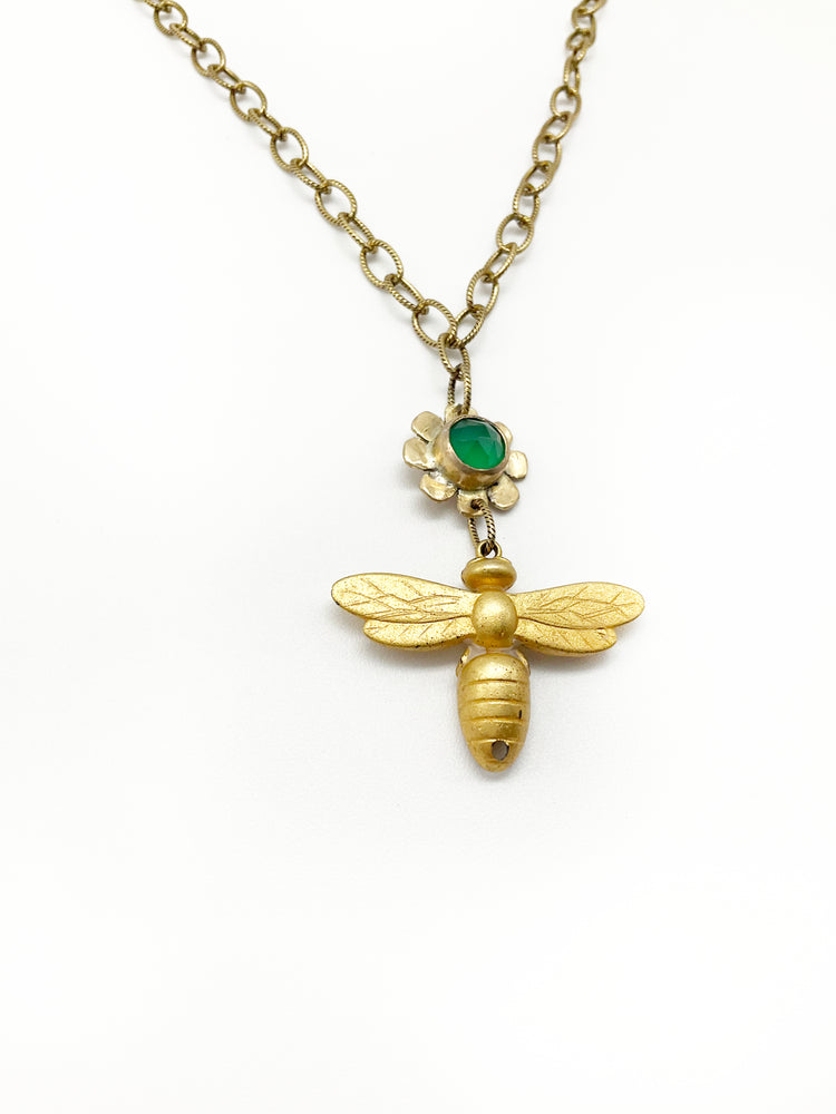 Buzz Necklace: Vintage Bee Charm + Green Onyx + Brass • 14"
