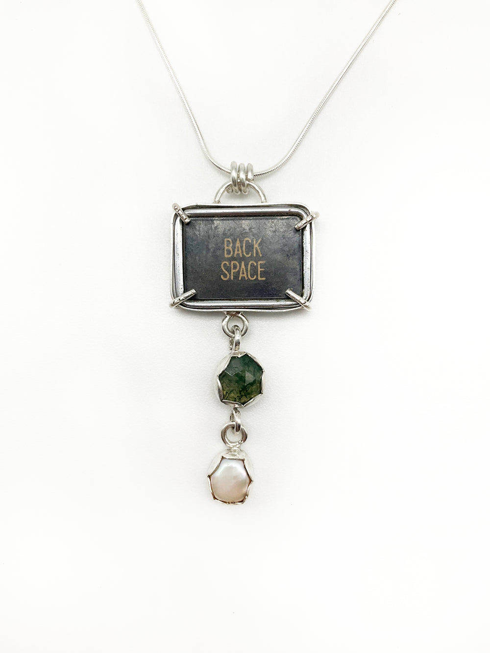 Typewriter Necklace: Antique Typewriter Key + Moss Agate + Freshwater Pearl + Sterling Silver • 18"