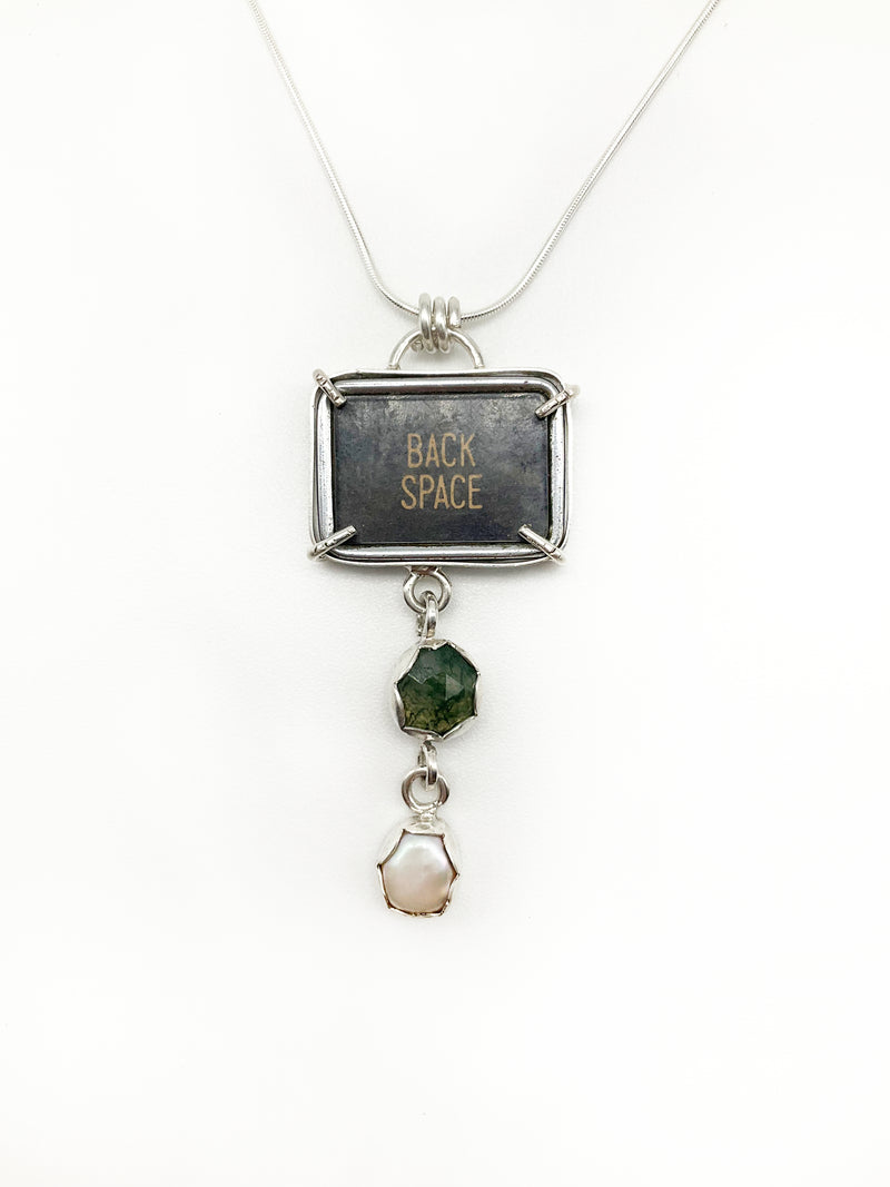 Typewriter Necklace: Antique Typewriter Key + Moss Agate + Freshwater Pearl + Sterling Silver • 18"