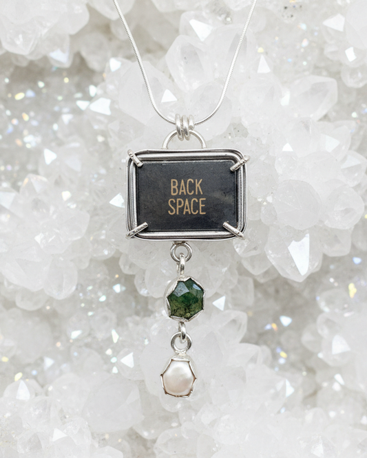 Typewriter Necklace: Antique Typewriter Key + Moss Agate + Freshwater Pearl + Sterling Silver • 18"