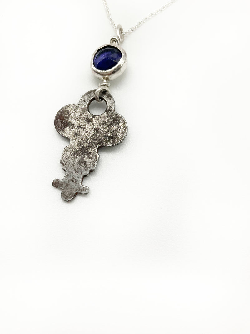 Skeleton Key Necklace: Antique Skeleton Key + Iolite + Sterling Silver • 16"