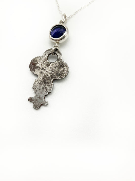 Skeleton Key Necklace: Antique Skeleton Key + Iolite + Sterling Silver • 16"