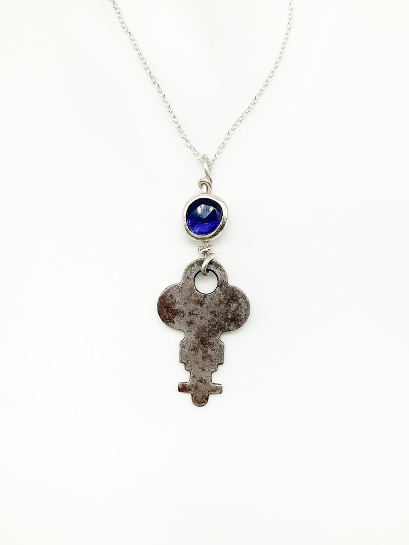 Skeleton Key Necklace: Antique Skeleton Key + Iolite + Sterling Silver • 16"