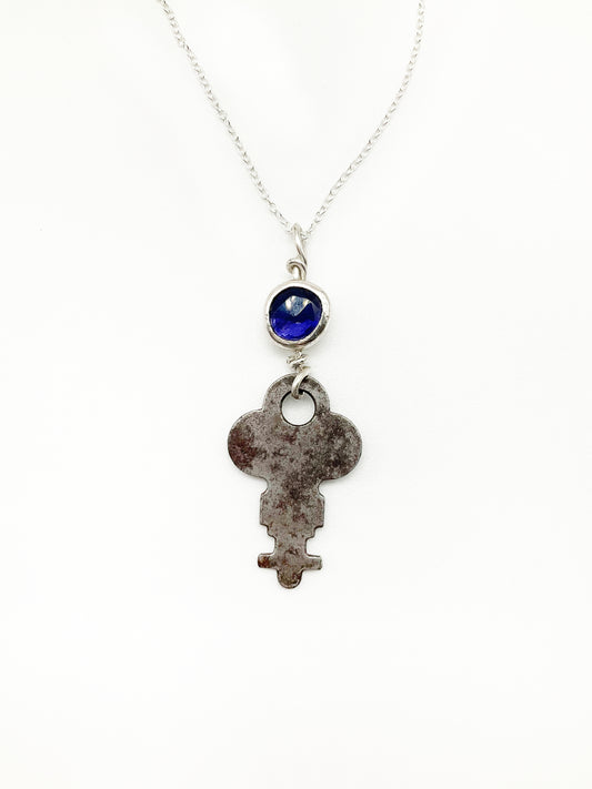 Skeleton Key Necklace: Antique Skeleton Key + Iolite + Sterling Silver • 16"