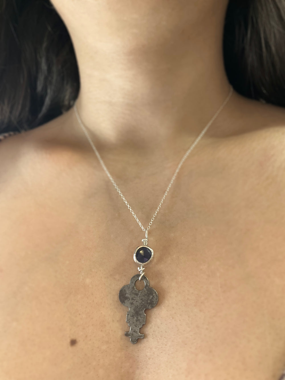 Skeleton Key Necklace: Antique Skeleton Key + Iolite + Sterling Silver • 16"