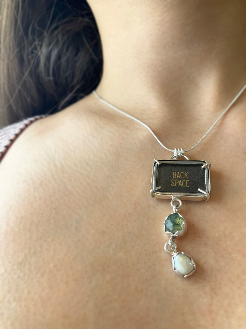 Typewriter Necklace: Antique Typewriter Key + Moss Agate + Freshwater Pearl + Sterling Silver • 18"