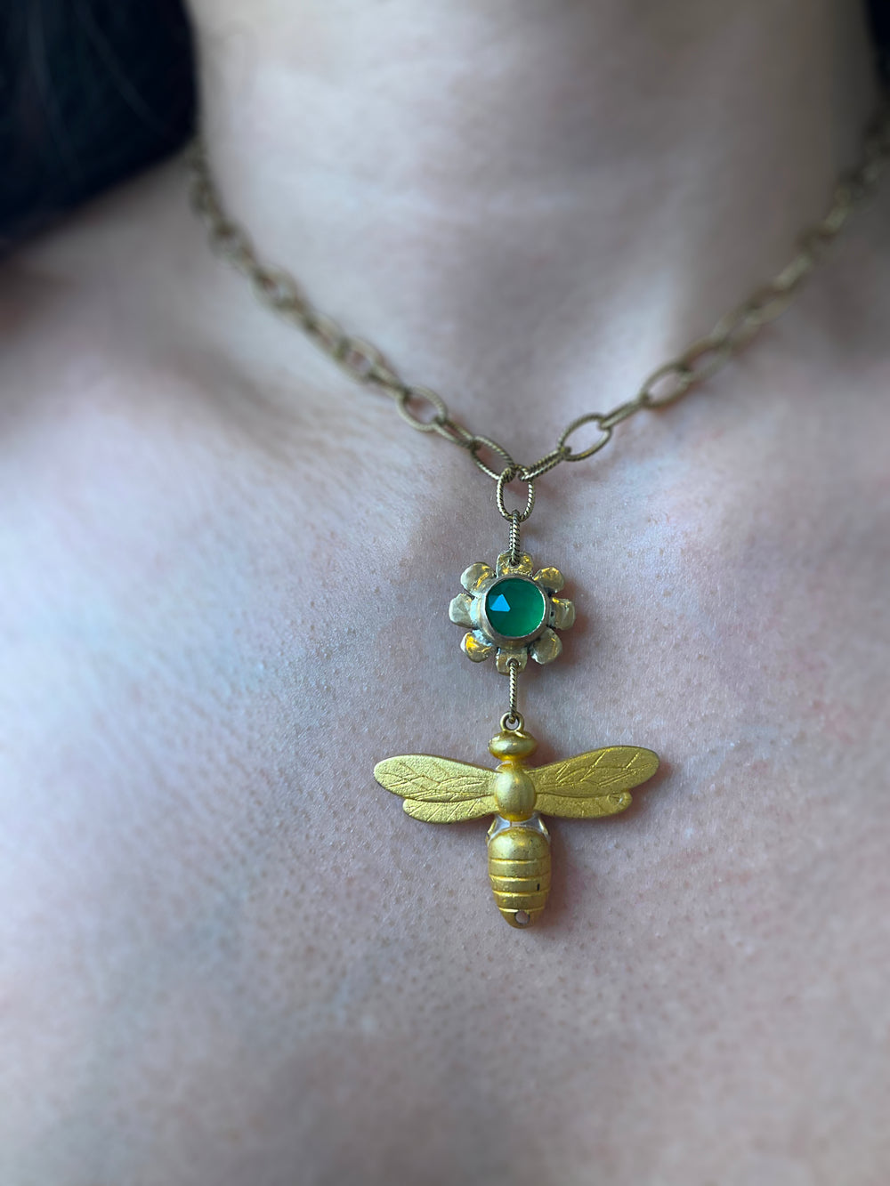 Buzz Necklace: Vintage Bee Charm + Green Onyx + Brass • 14"