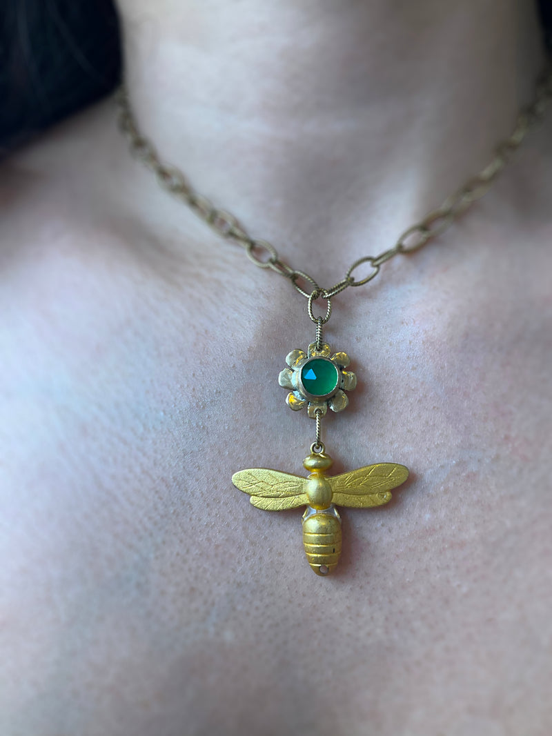Buzz Necklace: Vintage Bee Charm + Green Onyx + Brass • 14"