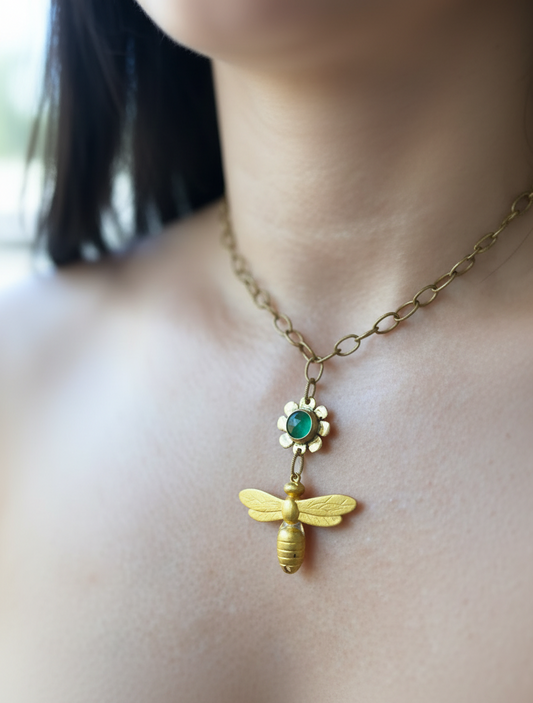 Buzz Necklace: Vintage Bee Charm + Green Onyx + Brass • 14"