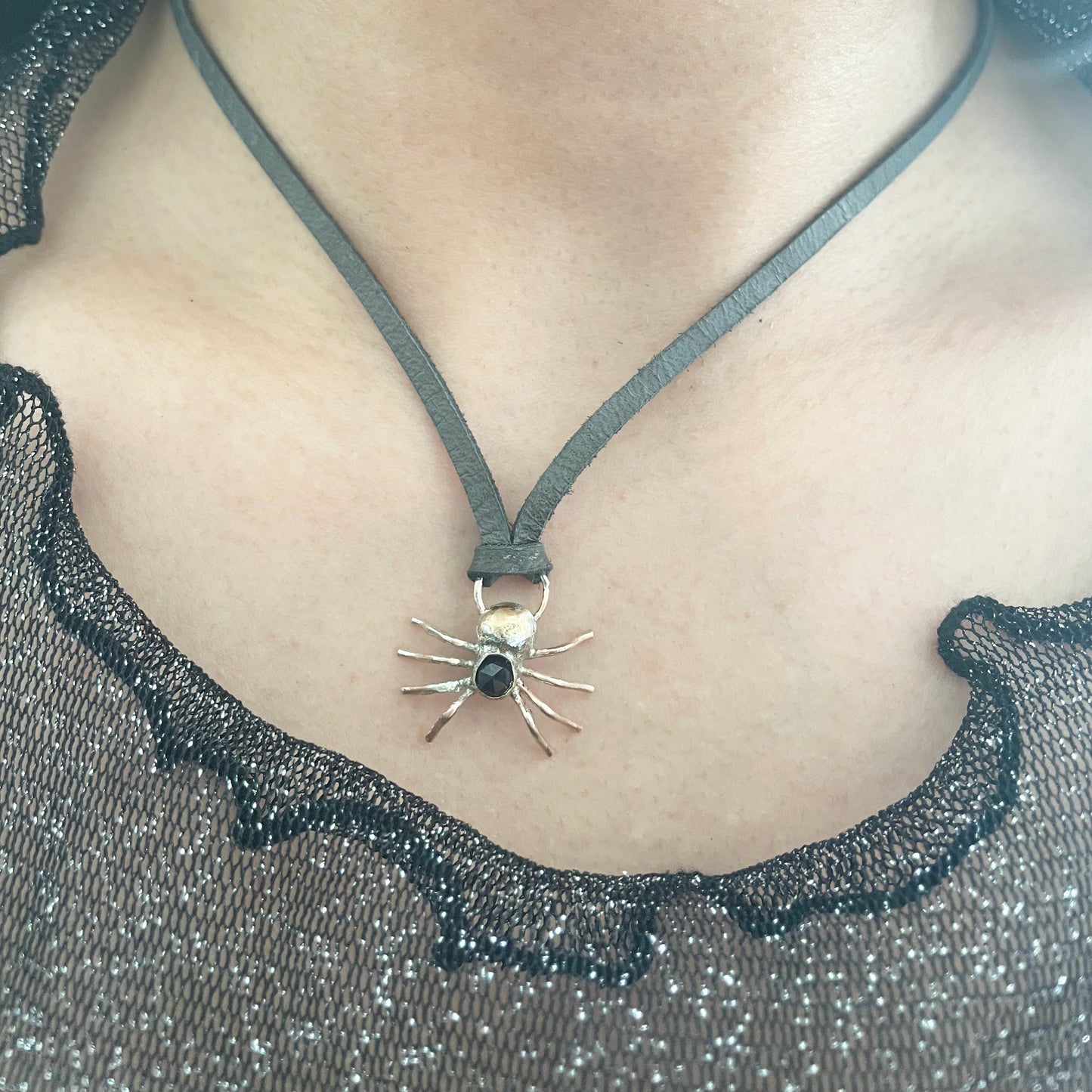 Spider Necklace • Gold Brass + Black Spinel + Deer Lace Leather • 16"