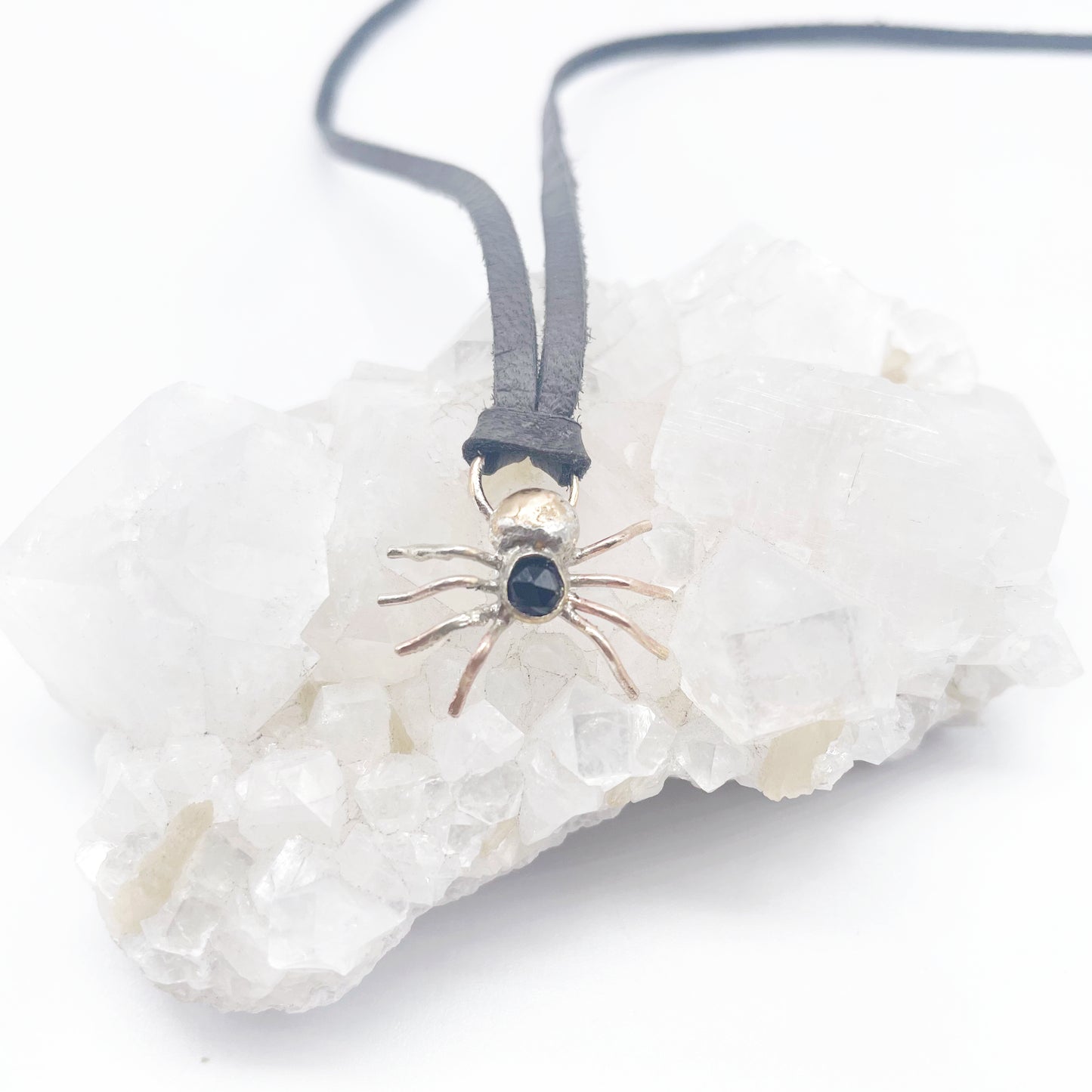 Spider Necklace • Gold Brass + Black Spinel + Deer Lace Leather • 16"