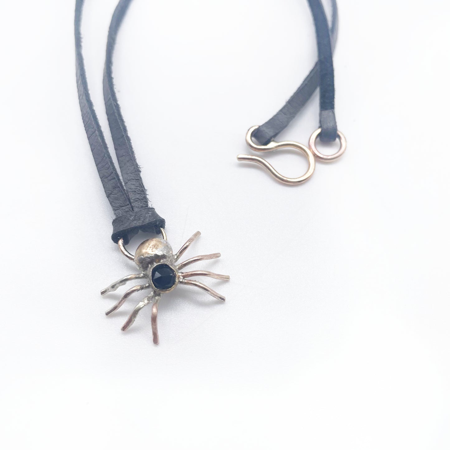 Spider Necklace • Gold Brass + Black Spinel + Deer Lace Leather • 16"