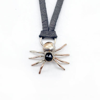 Spider Necklace • Gold Brass + Black Spinel + Deer Lace Leather • 16"