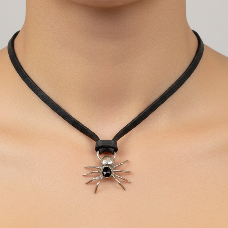 Spider Necklace • Gold Brass + Black Spinel + Deer Lace Leather • 16"