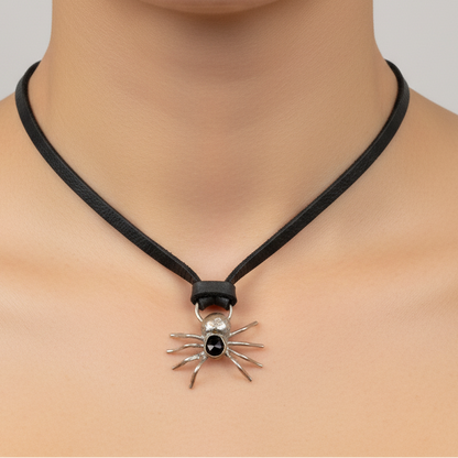 Spider Necklace • Gold Brass + Black Spinel + Deer Lace Leather • 16"