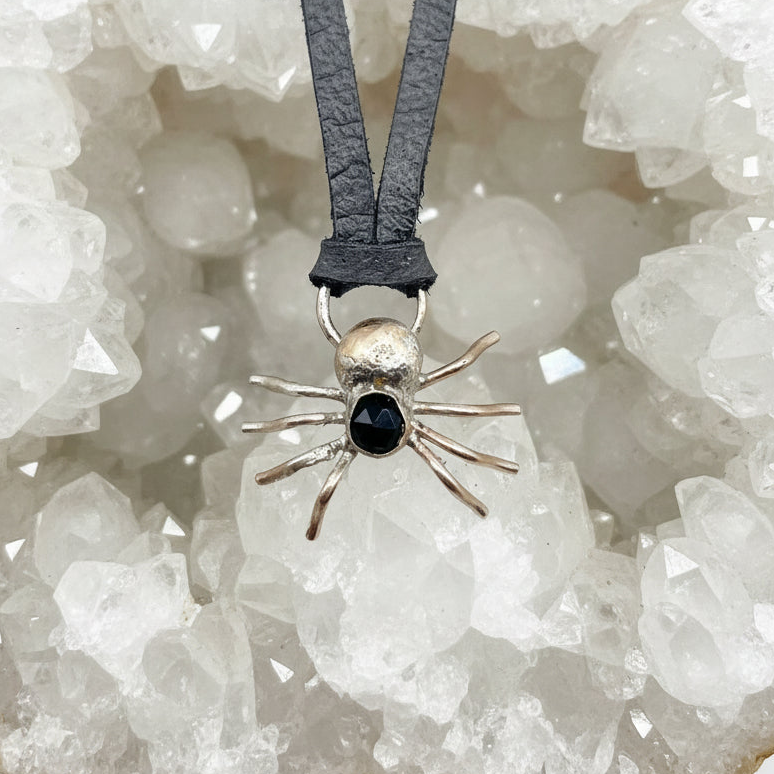 Spider Necklace • Gold Brass + Black Spinel + Deer Lace Leather • 16"