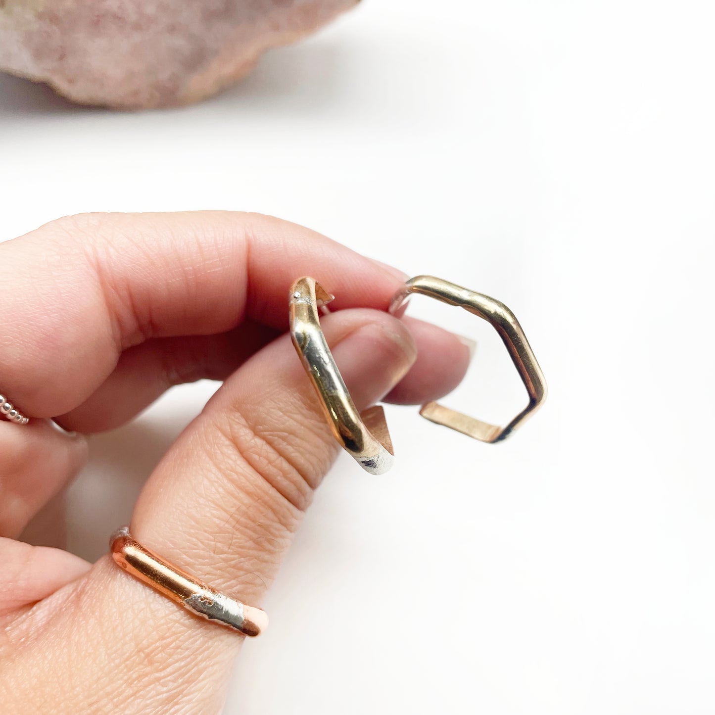 Silver Splattered Hexagon Earrings | Gold Brass + Silver