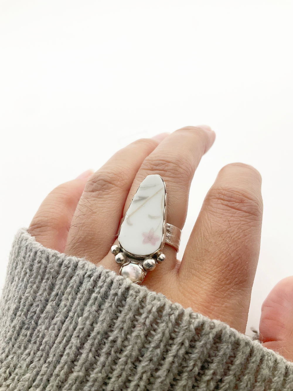 Pearlescent Ring: Vintage Plate + Freshwater Pearl + Sterling Silver • Size 6.75