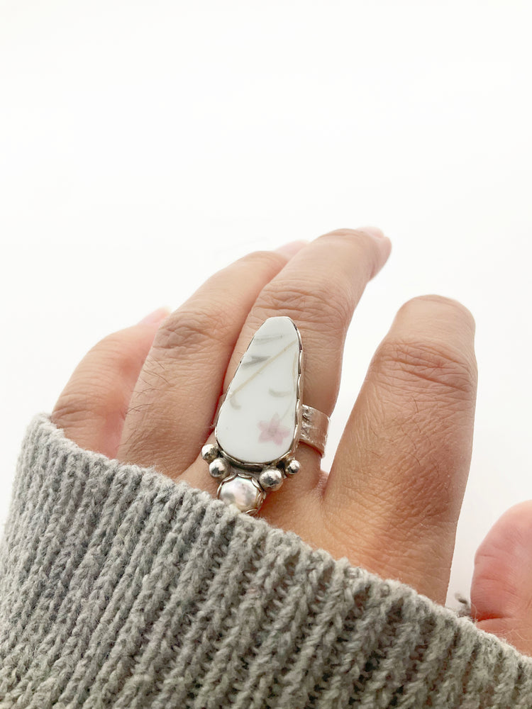 Pearlescent Ring: Vintage Plate + Freshwater Pearl + Sterling Silver • Size 6.75