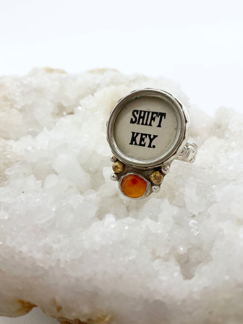 SHIFT Ring: Antique Typewriter Key + Carnelian + Sterling Silver + Brass • Size 6.5