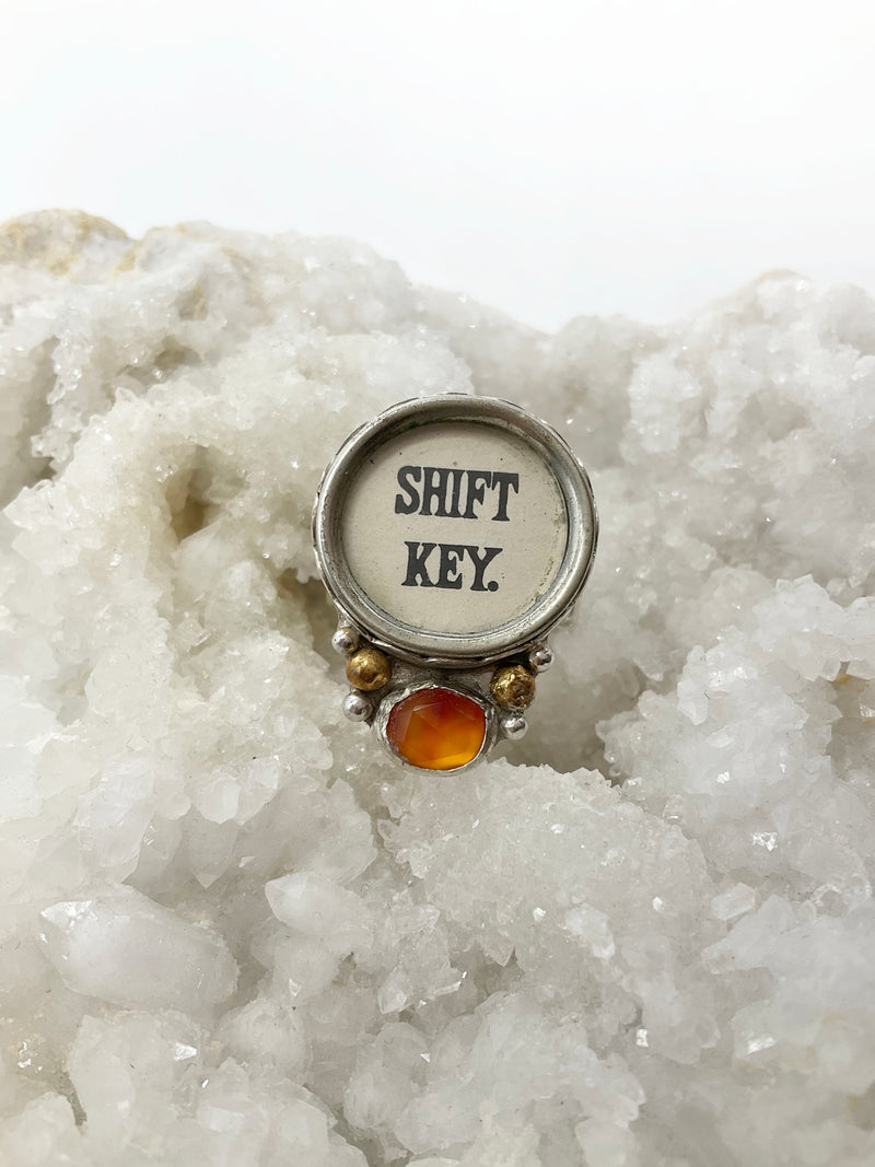 SHIFT Ring: Antique Typewriter Key + Carnelian + Sterling Silver + Brass • Size 6.5