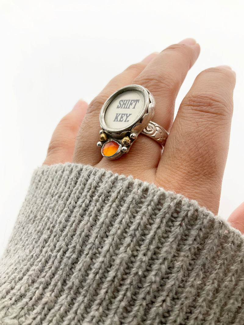 SHIFT Ring: Antique Typewriter Key + Carnelian + Sterling Silver + Brass • Size 6.5