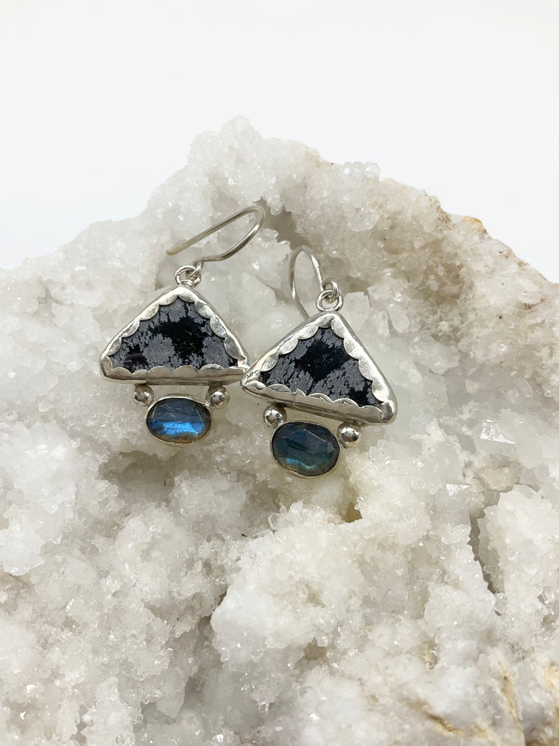Storm Earrings: Sterling Silver + Snowflake Obsidian + Labradorite