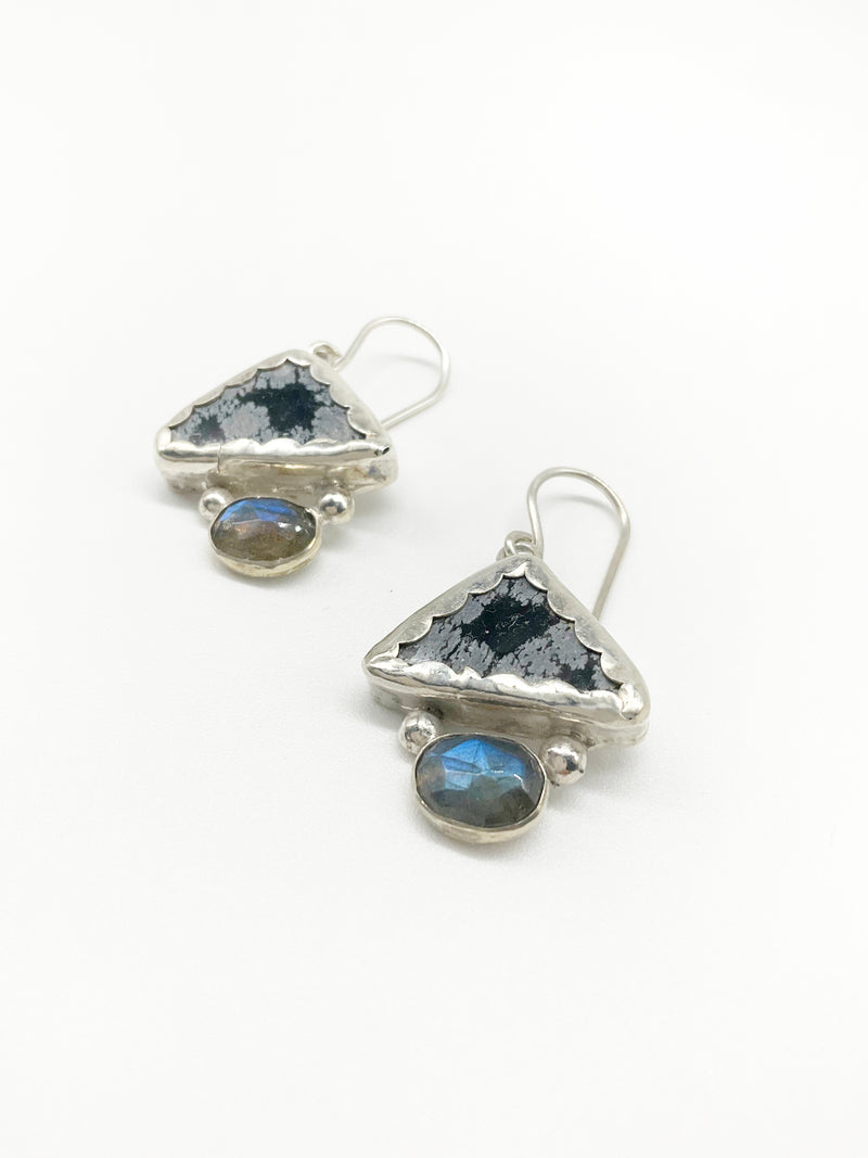 Storm Earrings: Sterling Silver + Snowflake Obsidian + Labradorite