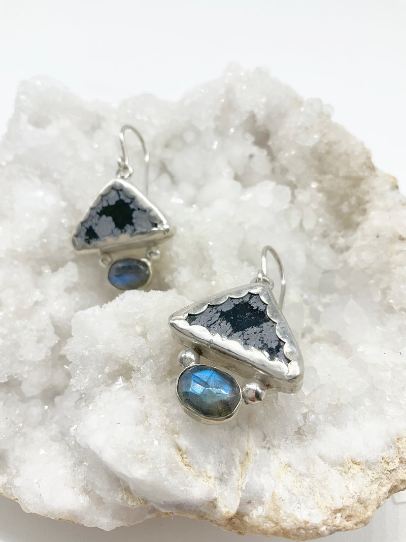 Storm Earrings: Sterling Silver + Snowflake Obsidian + Labradorite