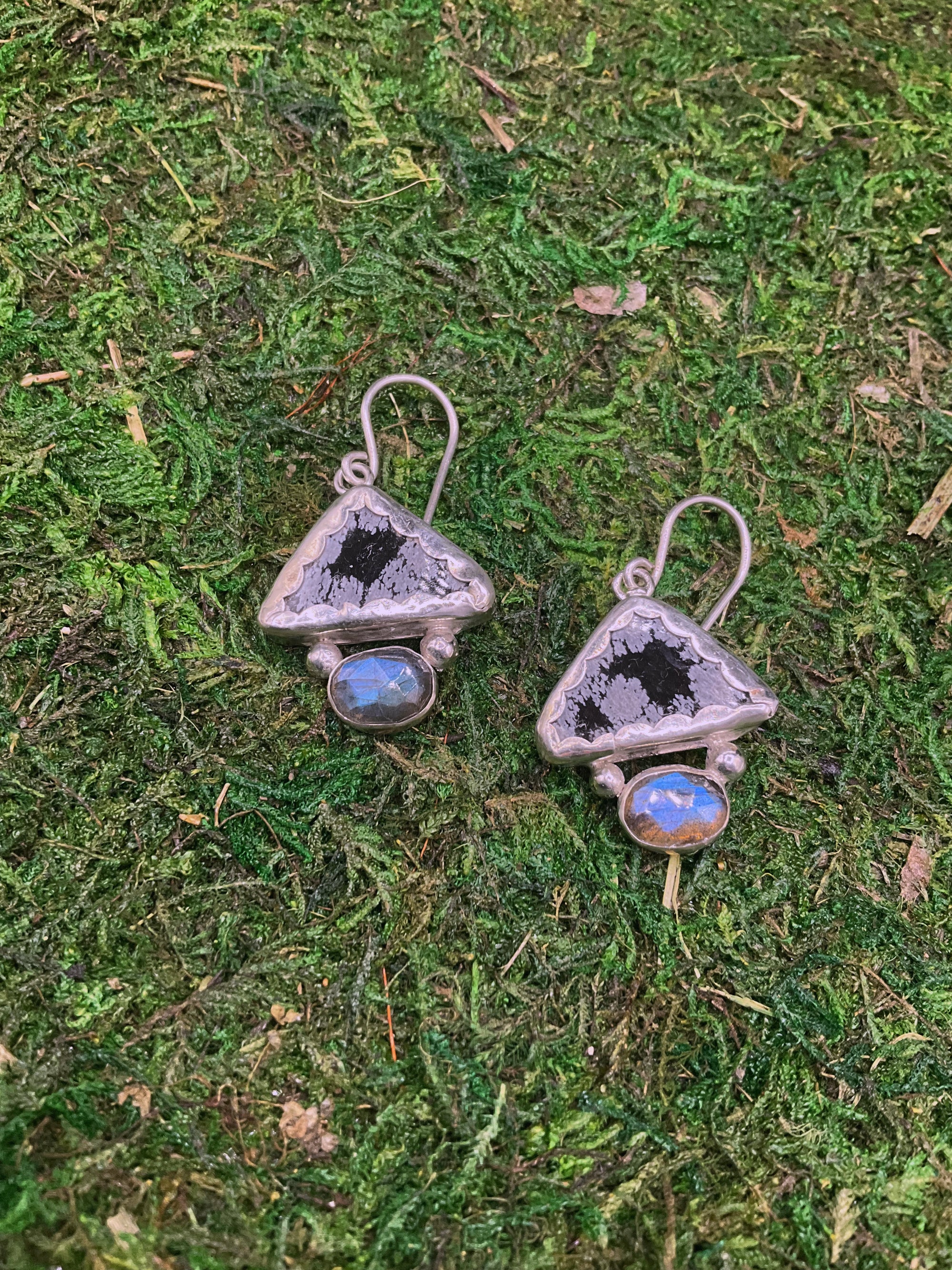 Storm Earrings: Sterling Silver + Snowflake Obsidian + Labradorite