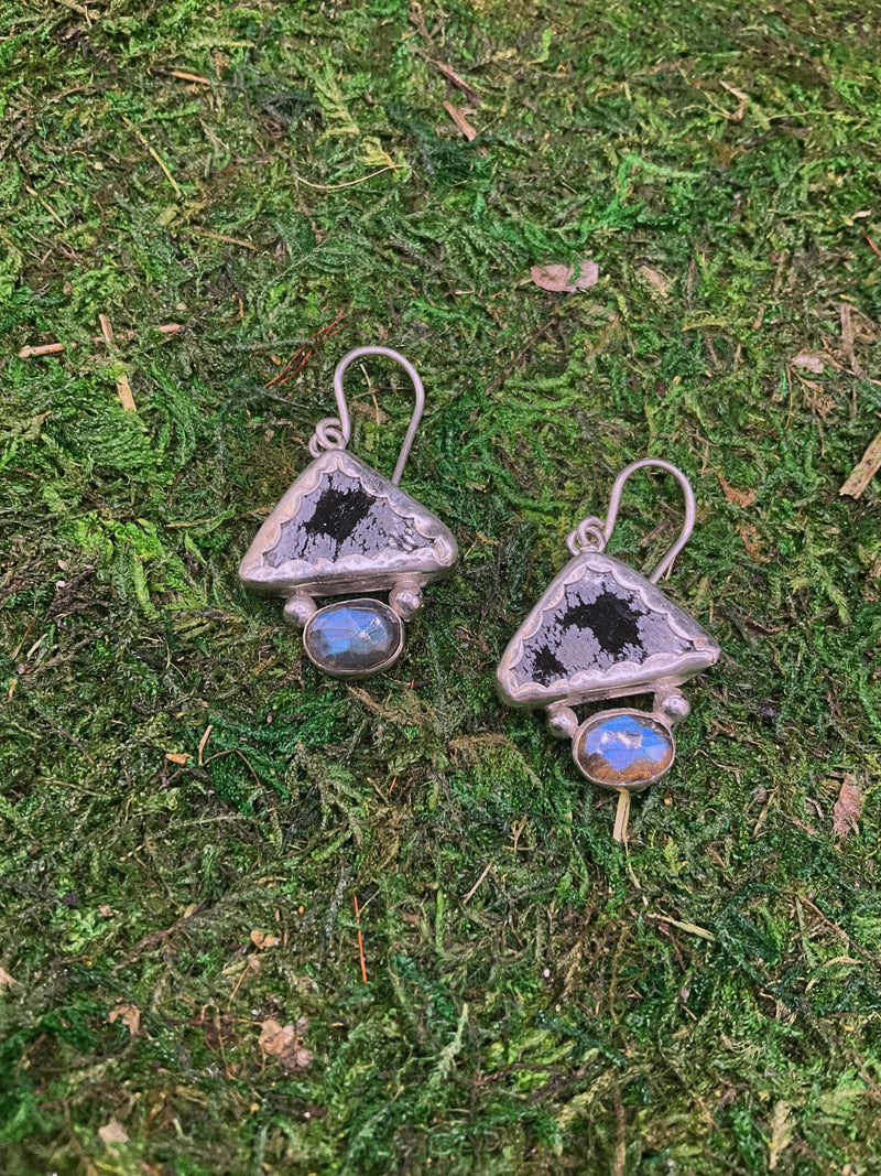 Storm Earrings: Sterling Silver + Snowflake Obsidian + Labradorite